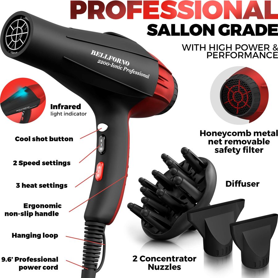 BELLFORNO hair dryer shown with its diffuser and two concentrator nozzle attachments