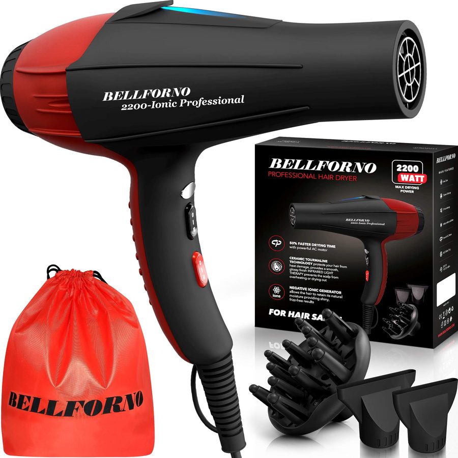BELLFORNO professional ionic salon hair dryer with diffuser and concentrator nozzles
